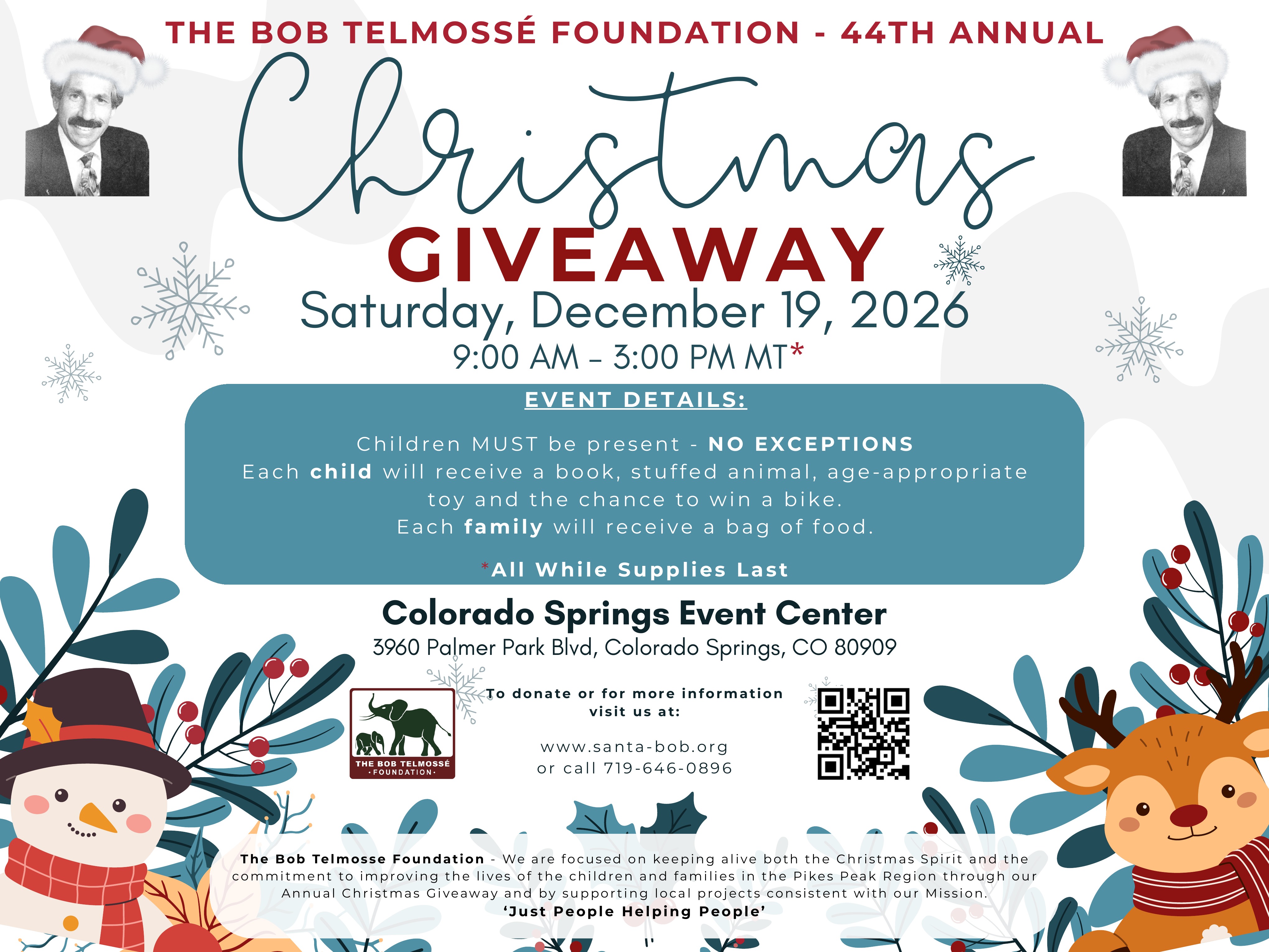 2026 Bob Telmosse Foundation Christmas Giveaway Poster. December 19, 2026, from 9 AM to 3 PM at the Colorado Springs Event Center.